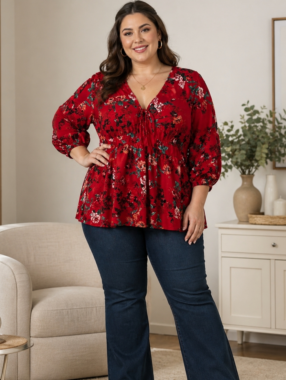 Torrid Red Floral-Print baby doll, embroidered